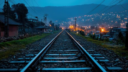 Fototapeta premium Evening Reflection on Railway Tracks in City Lights