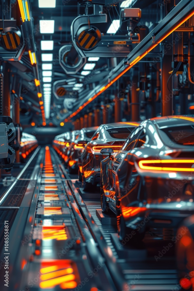 Poster futuristic automobile assembly line featuring cutting-edge robotics and automation for electric vehi