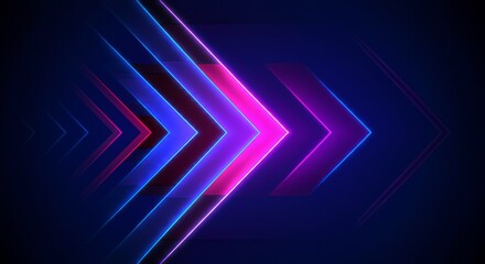 Neon Arrow Abstract Background, Bright Colorful Light Glow, Geomtric Lines and Shapes
