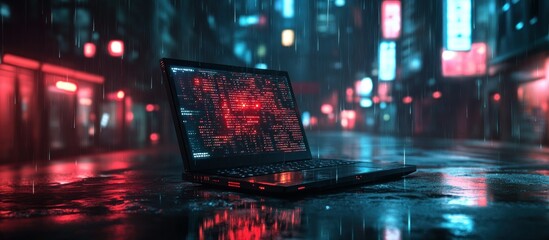 Laptop in a rain-soaked urban environment.