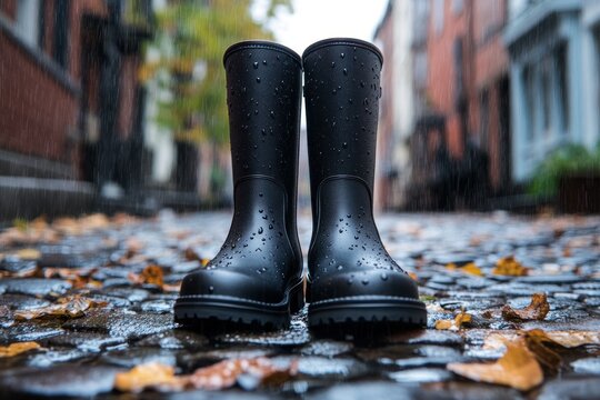 Black rain boots on a wet cobblestone street.