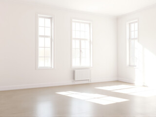 Fototapeta premium Bright and airy empty room with natural light streaming through large windows during daytime