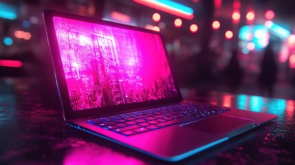 Laptop with vibrant neon reflections in urban setting.