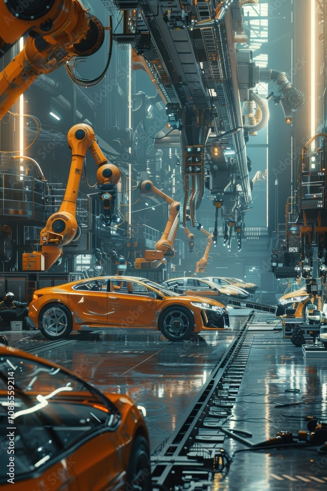 Poster futuristic automobile assembly line with robotic arms and next generation vehicle production