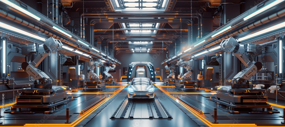 Poster futuristic automobile assembly line with robotic arms in a high-tech factory environment