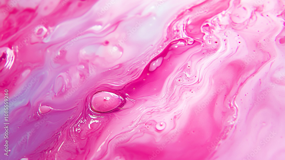 Poster bright pink liquid with swirls and bubbles creating a vibrant abstract texture in soft light