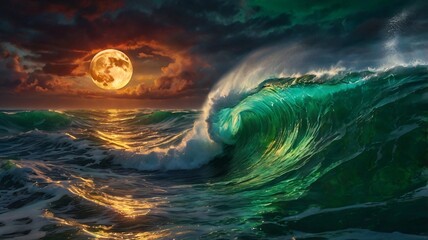 Majestic Ocean Wave Under a Blood Moon