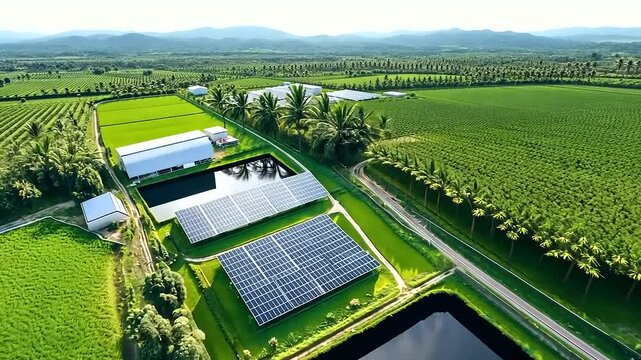 An aerial view of a high-tech pig farm equipped with solar panels and IoT sensors, showing how sustainable farming integrates with modern livestock management through data-driven e