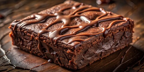 A Single Piece of Decadent Chocolate Brownie with Drizzled Chocolate Glaze on a Rustic Wooden Surface