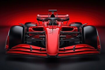 A red Formula 1 race car with black accents sits on a dark background.
