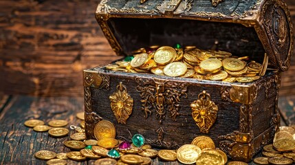 Ancient Treasure Chest Overflowing with Gold Coins