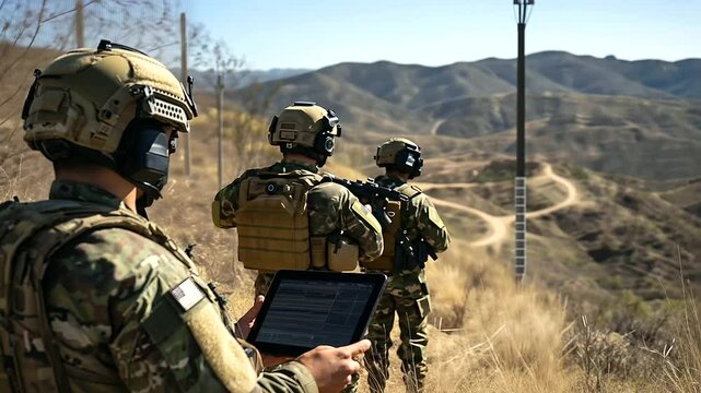 On the edge of a remote border, troops monitor live surveillance footage on a tablet, while a Starlink antenna beams signals from the clear sky, symbolizing satellite-enabled borde