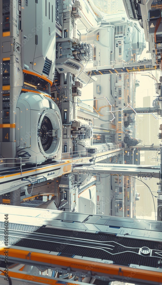 Poster futuristic drone production facility with advanced robotics and high-tech assembly line