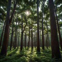 Obraz premium Smart Trees that Produce Music: Trees designed to produce soothing musical tones when touched, creating a symphony of nature and artificial beauty in a serene forest.