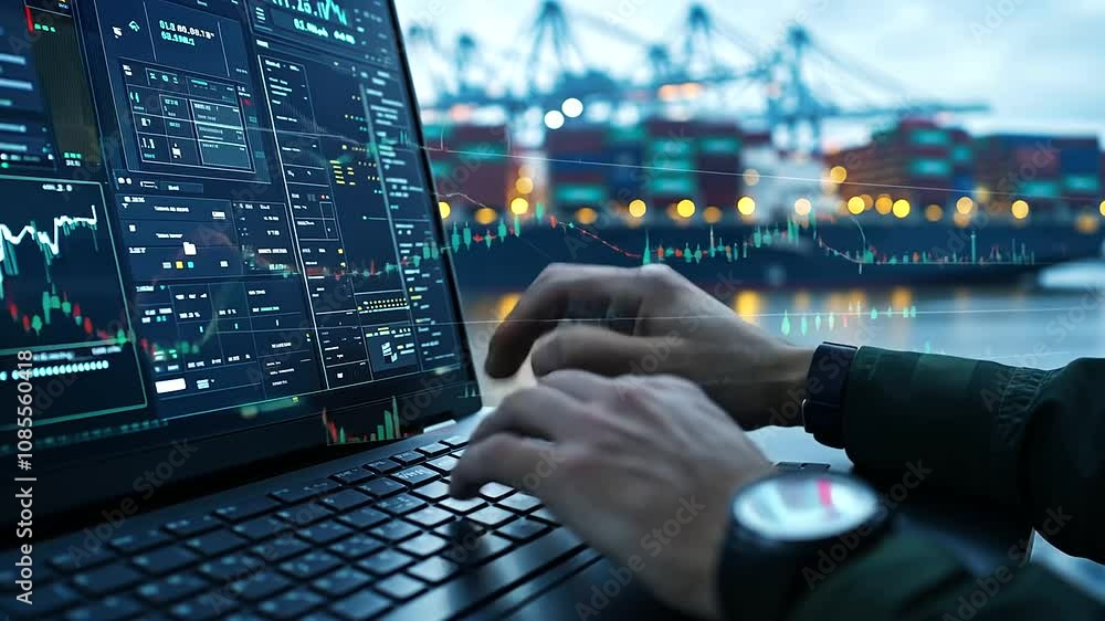 Poster close-up of a digital screen filled with cargo metrics, with the officer’s hand entering data as con