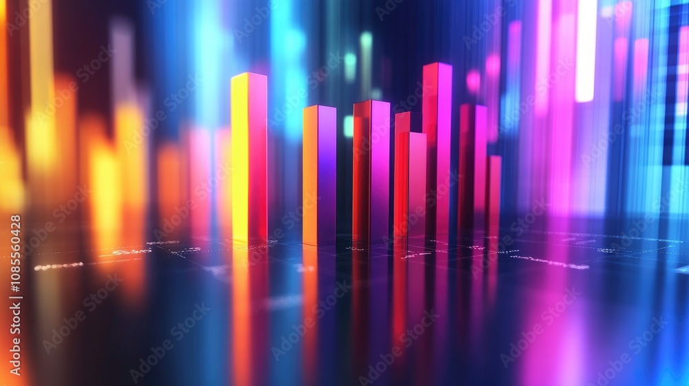 Poster abstract colorful bar graph with dynamic light effects representing growth and data visualization in
