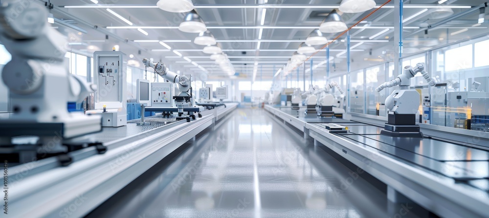 Poster Futuristic Drone Production Line Highlighting Automation and Precision in a Modern Factory Setting