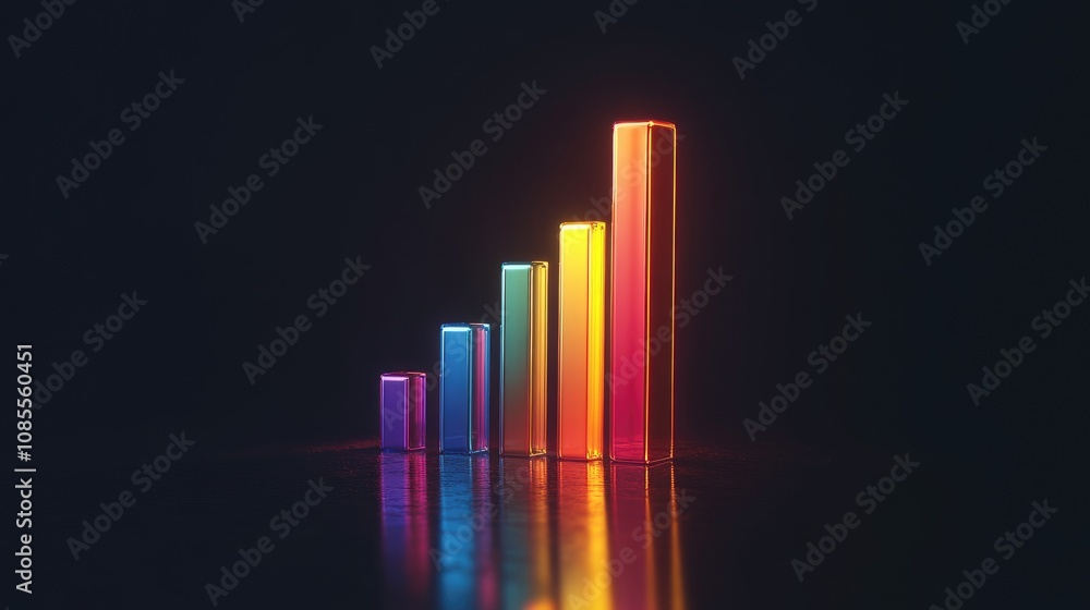 Poster vibrant neon bar graph displaying growth and progress in a dark environment reflecting modern data v