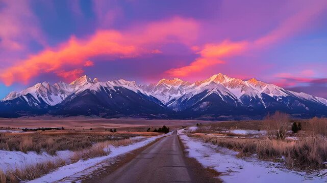 Stunning sunset over snow-capped mountains along a dirt road in Colorado during early winter