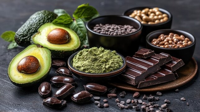 Assorted ingredients for healthy chocolate recipes.