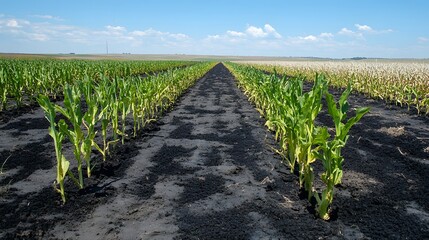 Lush cornfields stretch under a clear blue sky, showcasing vibrant green plants in neat rows, promising a fruitful harvest ahead.