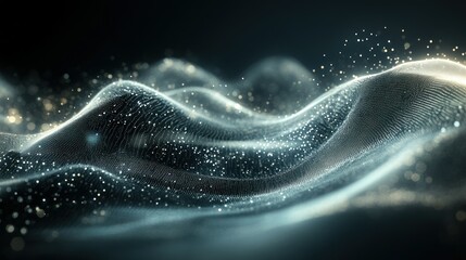 Abstract waves with glowing particles and light effects.