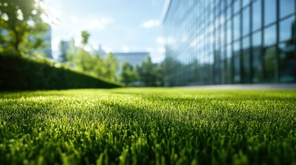 Green lawn stretching across the foreground with a modern glass office structure in the background, bright and serene.
