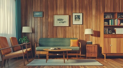 Fototapeta premium Mid-Century Modern Wooden Panel Living Room Design
