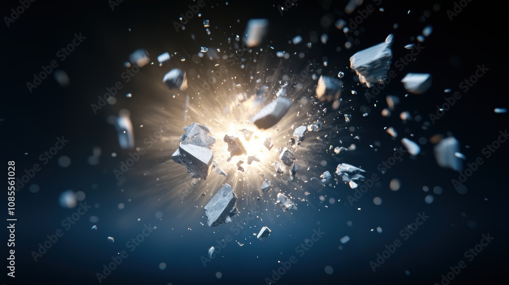 Poster a dynamic explosion of debris, radiating light and energy, creating an intense visual effect against