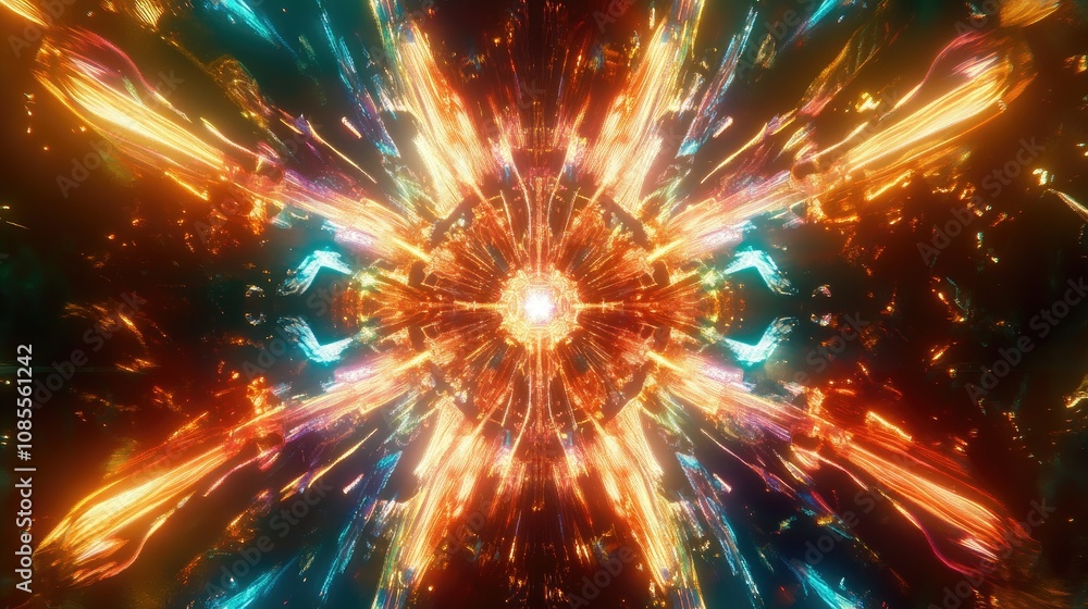 Poster explosive abstract background of colorful light rays creating a dynamic energy burst, representing v