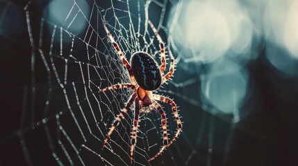 Close-up of a Spider Creating a Intricate Web Against a Blurred Background, Capturing Nature's Artistry in a Stunning and Detailed Photograph