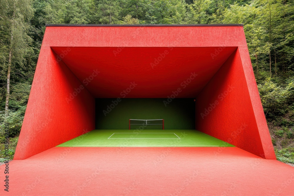 Poster a red concrete structure with a green artificial turf soccer field inside.