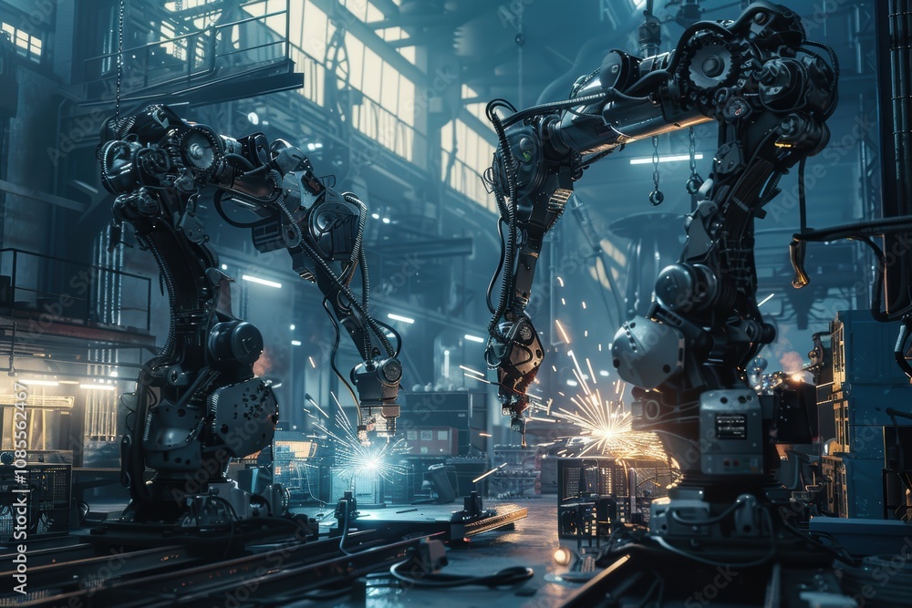 Poster ai-driven robots assisting welders in a futuristic industrial workshop for advanced manufacturing