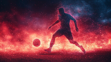 Naklejka premium Abstract player playing football form lines and triangles, point connecting network on red background.