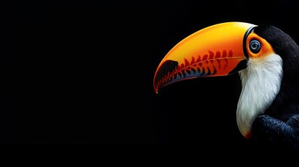 Fototapeta premium A close-up of a toucan showcasing its vibrant beak against a dark background.