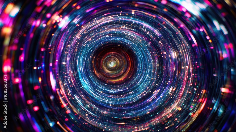 Poster abstract spiral motion with colorful light trails in a vibrant swirling pattern representing energy,