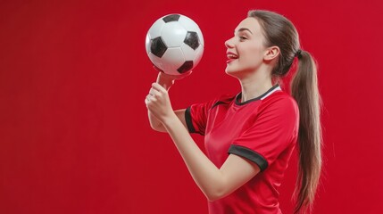 Young woman in red sports attire balancing a soccer ball.