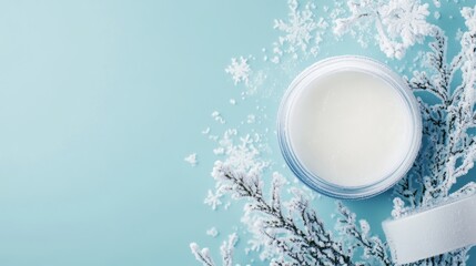 Winter season skin care concept.  Top view photo of cosmetic jar white tube without label snowflakes snow and plant in hoarfrost on isolated light blue background with copyspace
