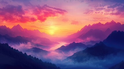 Fototapeta premium Tranquil Sunrise Over Misty Valley Landscape