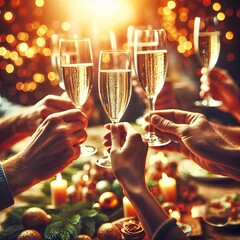 A group of people celebrating Christmas or New Year's Eve over dinner, toasting with champagne and holding hands in a warm, festive atmosphere.