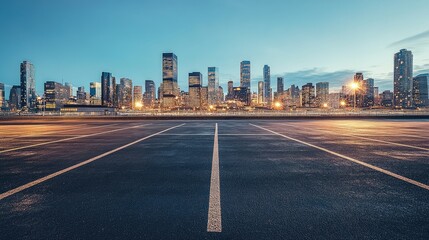 Fototapeta premium Large, empty parking lot leading to a modern city skyline with skyscrapers, captured at dusk with warm lighting.