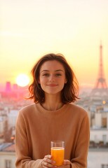  A woman with short brown hair and wearing a tan-colored sweater stands in front of the Eiffel Tower during sunset. She is holding a glass of orange juice.