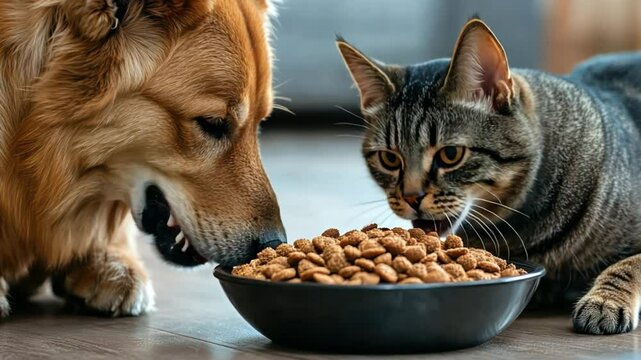 A dog and a cat are eating from a bowl of food