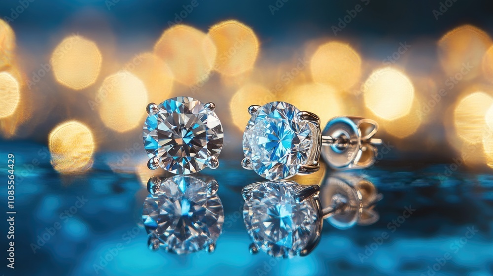 Poster sparkling diamond earrings reflecting light with soft bokeh background creating a glamorous and eleg
