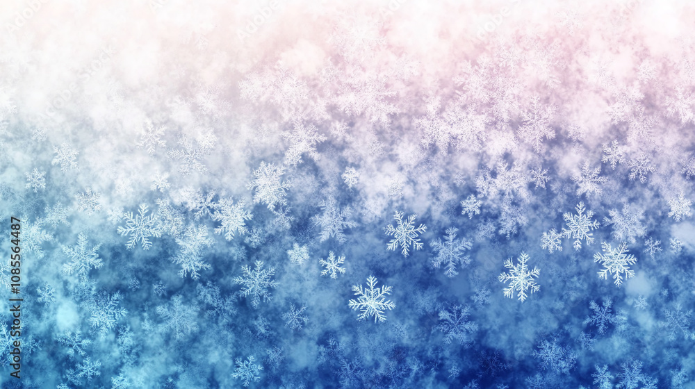 Poster delicate snowflakes softly descend on a calming gradient backdrop of blue and pink hues