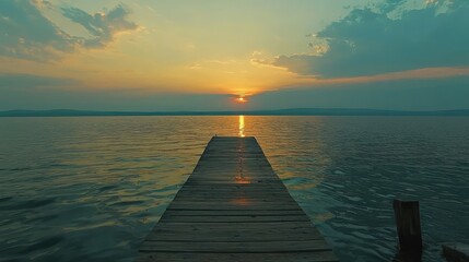 Obraz premium Serene Sunset Over Tranquil Lakeside Dock