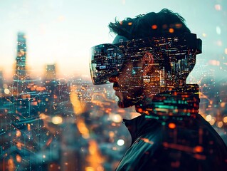 Hacker in Augmented Reality Scanning a Futuristic Cityscape of Wireless Networks and Data Streams