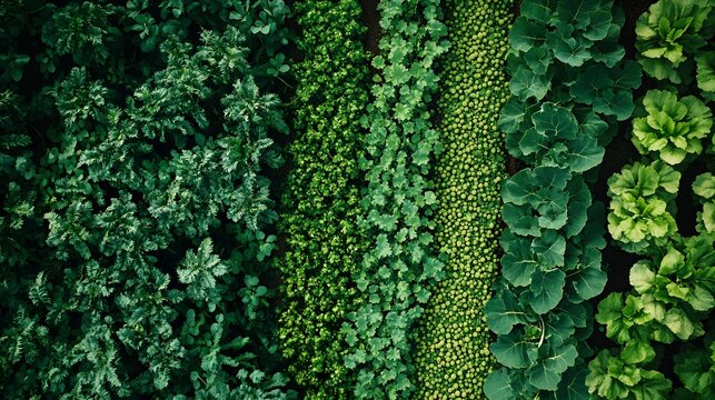 Aerial view of lush, green crops arranged in neat rows, showcasing diverse plant life and vibrant agricultural patterns.
