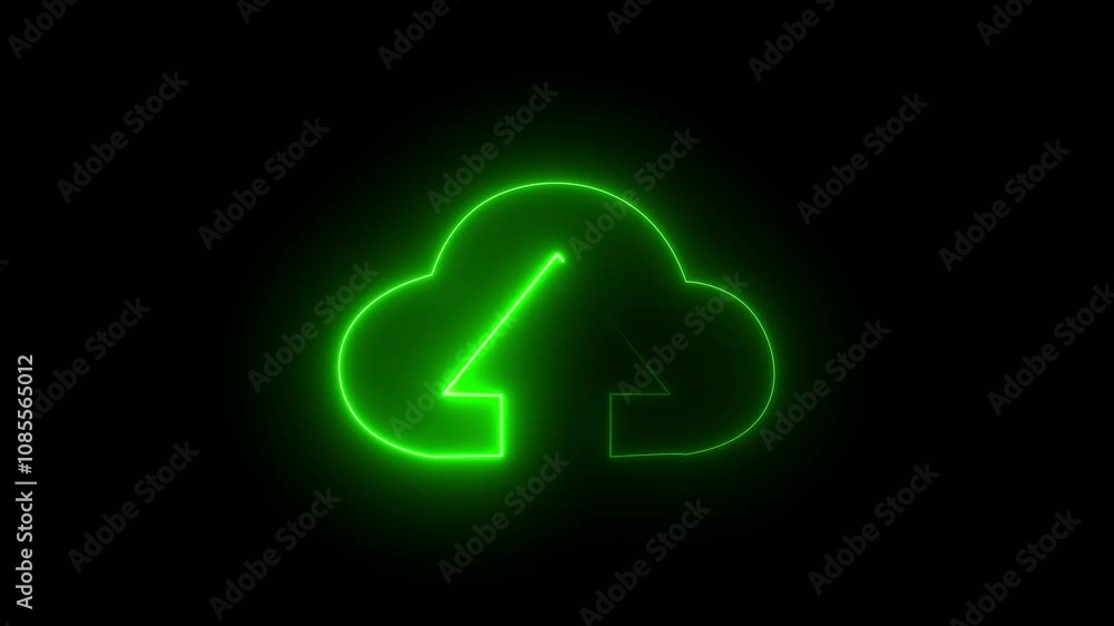 Poster glowing neon line cloud file icon animation on black background. glowing cloud arrow animation on st