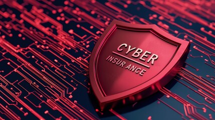 A sleek red shield with "CYBER INSURANCE" prominently displayed, set against a digital circuit background, symbolizing protection in the cyber realm.